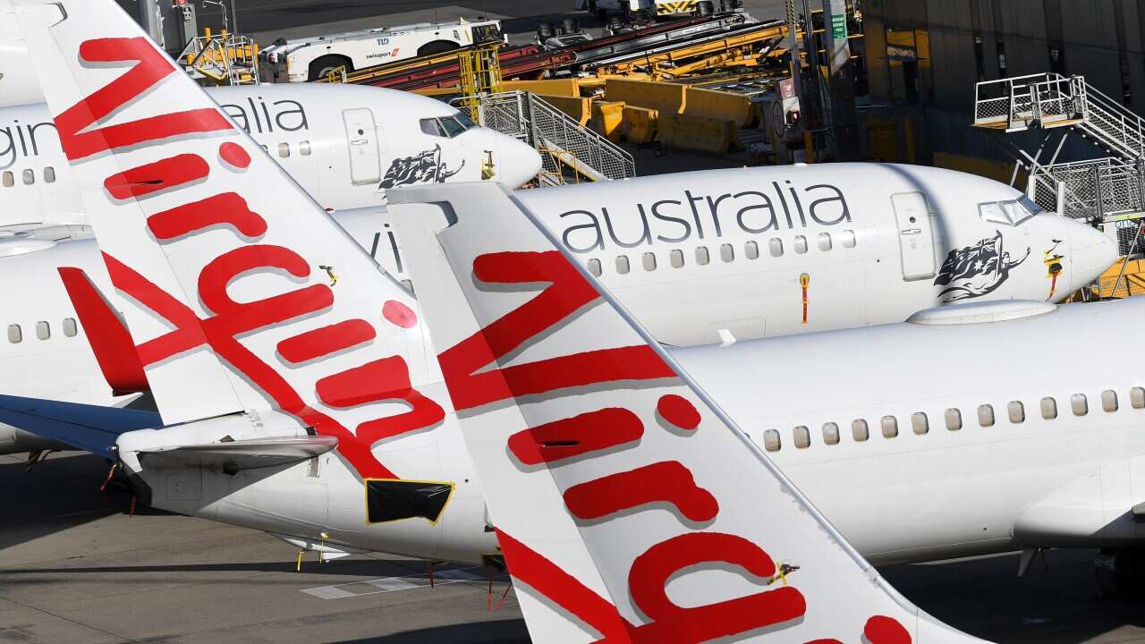 Grounded Virgin Australia planes at Tullamarine Airport in Melbourne.