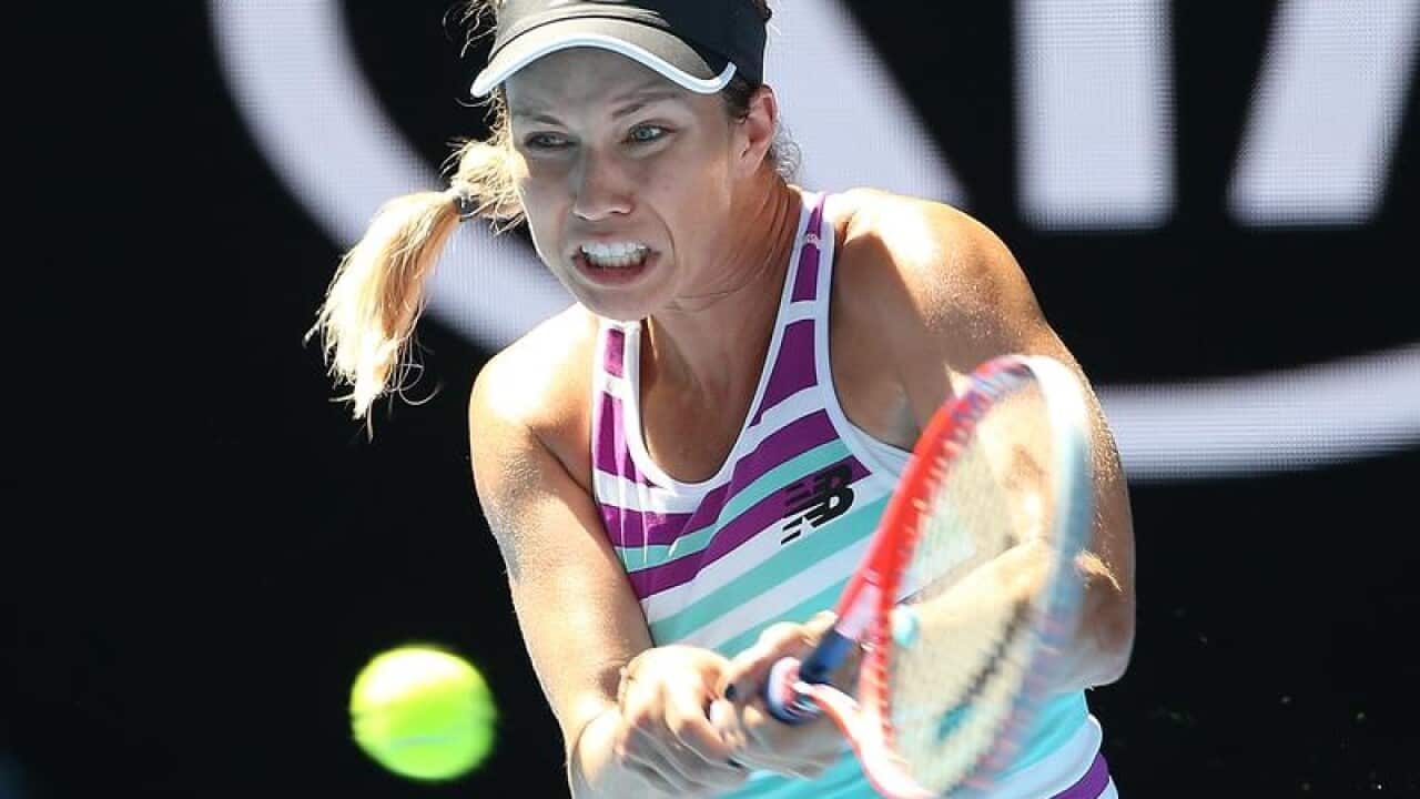Danielle Collins of the US in action against Angelique Kerber.