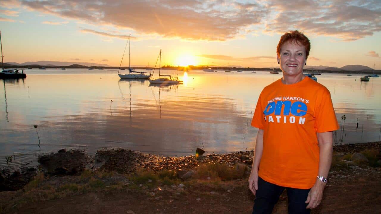 Pauline Hanson sports a T-shirt allegedly made in Bangladesh.