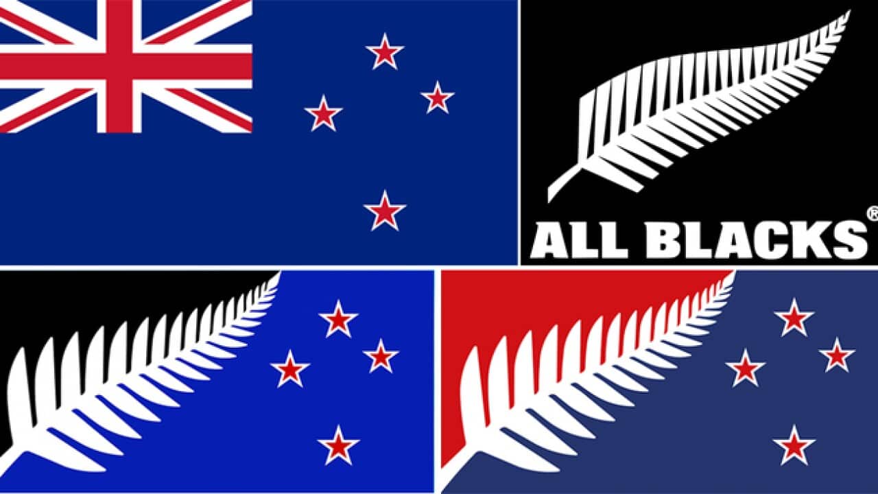 Top left: New Zealand’s current flag. Top right: Logo of the All Blacks. Bottom left: The winning flag design by Kyle Lockwood. Bottom right: Second place design by Kyle Lockwood