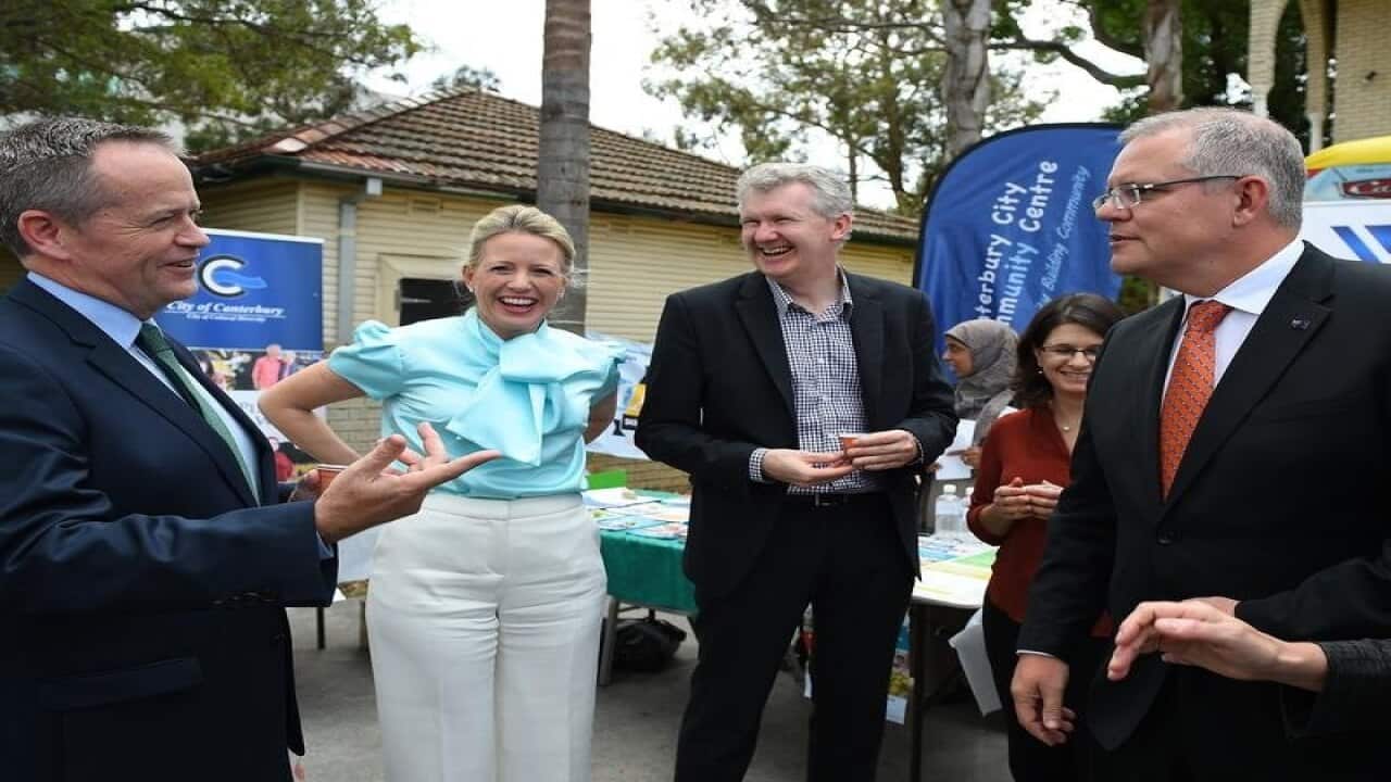 Bill Shorten with wife Chloe, Tony Burke and Scott Morrision