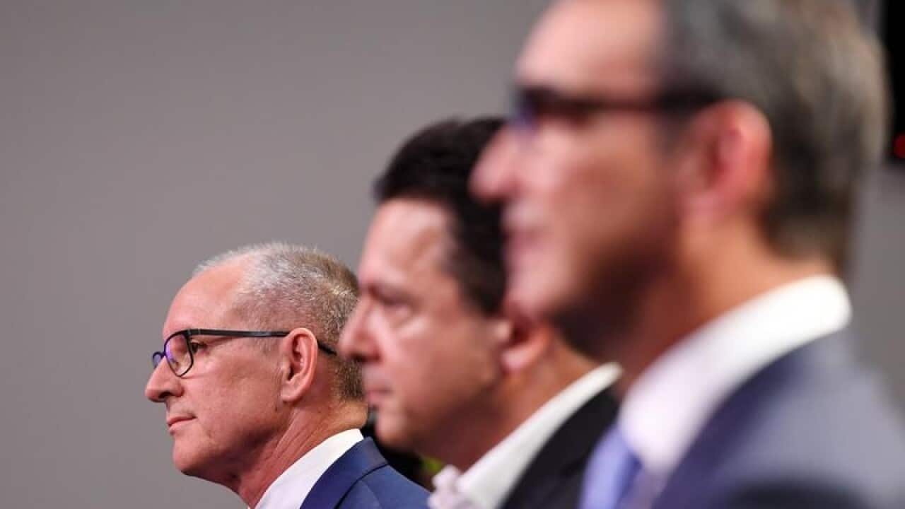 (L-R) Jay Weatherill, Nick Xenophon and Steven Marshall