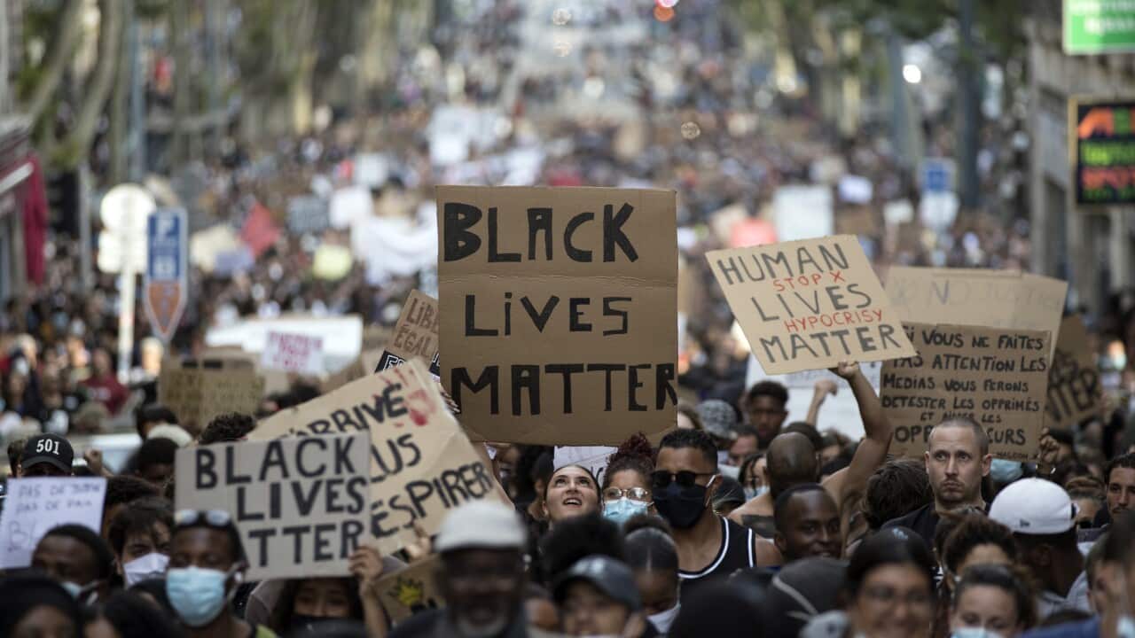 Marseille, southern France, Saturday, June 6, 2020 during a protest against the killing of George Floyd