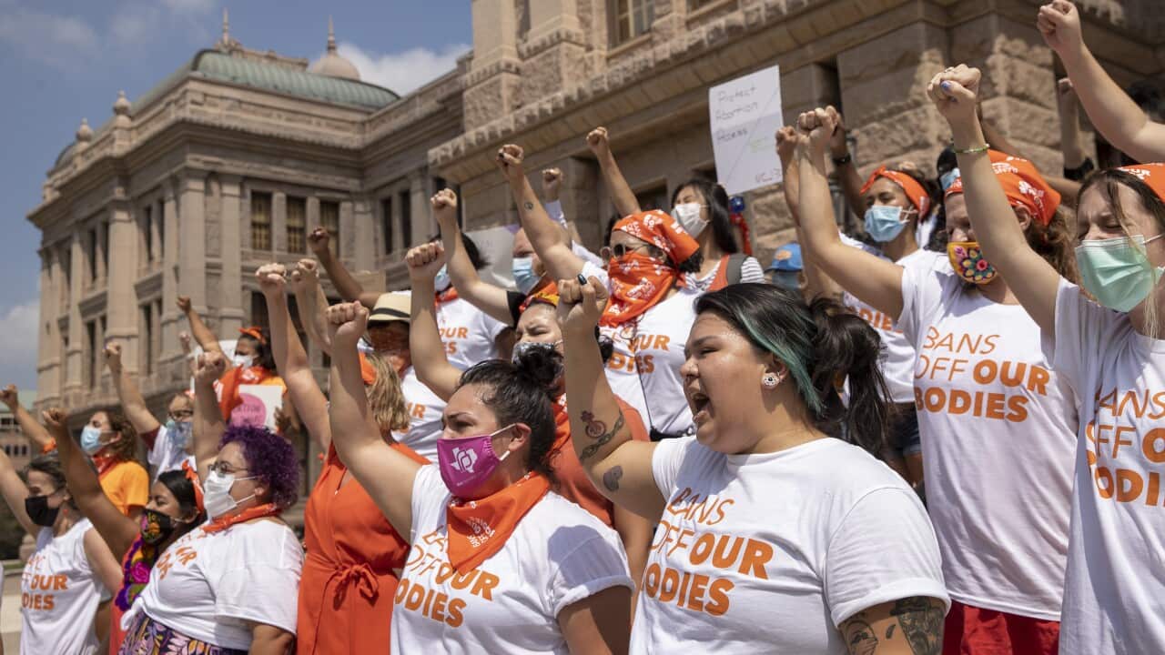 Women during a protest against the six-week abortion ban at the Capitol in Austin, Texas.