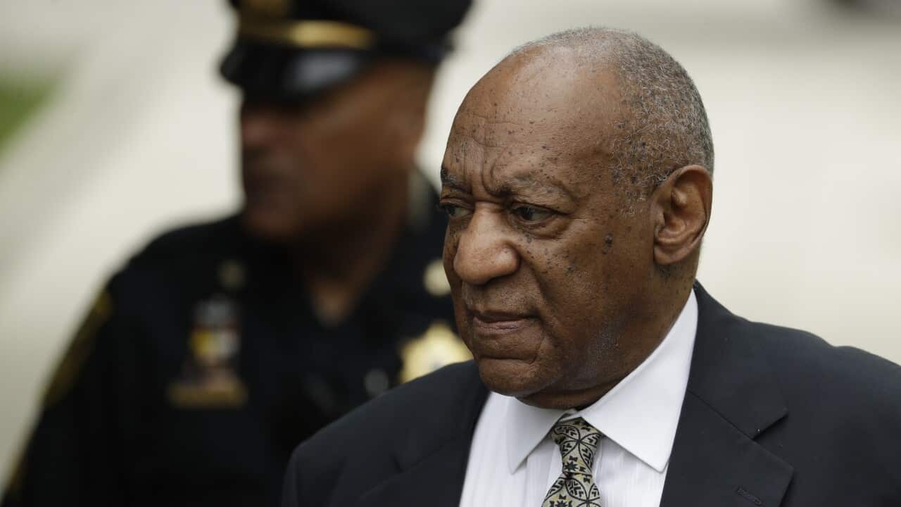 Bill Cosby arrives at the Montgomery County Courthouse during his trial on June 15, 2017.