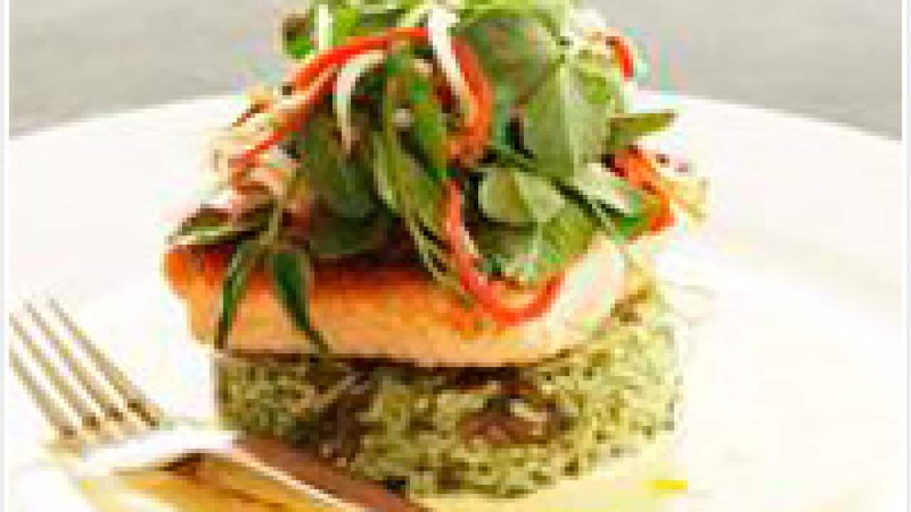 Pan seared ocean trout, coriander rice and turmeric broth