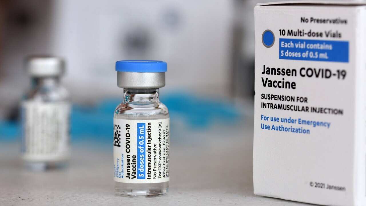 Johnson & Johnson COVID-19 vial and box seen at a vaccination site.