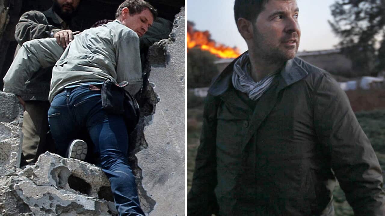 A combo picture shows British photographer Tim Hetherington (R) climbing from a building in Misrata on April 20, 2011 and US Getty photographer Chris Hondros walking in Misrata on April 18, 2011. (Getty)