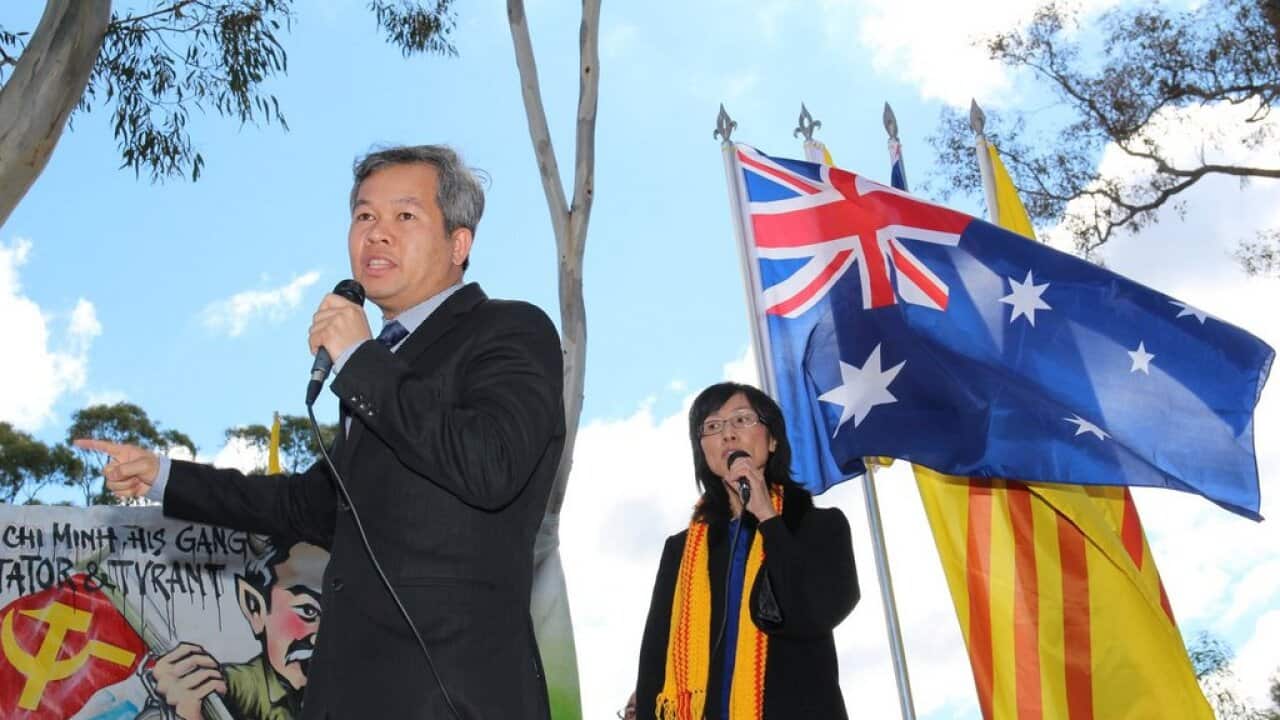 The memorial services at the Vietnam War Memorial and protest in front of the Vietnam embassy in Canberra on 30 April 2016