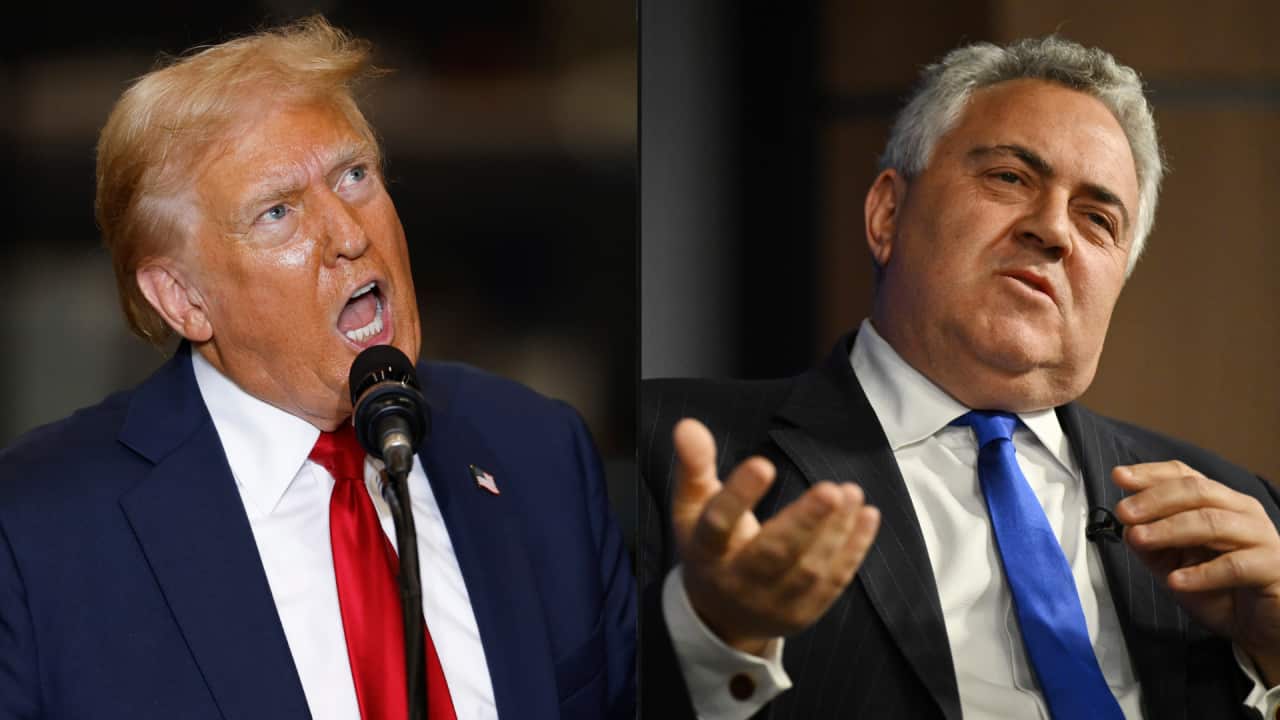 A split image of two men (Donald Trump and Joe Hockey). On the right, Trump speaks into a microphone with an inflamed expression on his face. On the left, Hockey, gestures with his hands as he leans back into a chair. Both men are wearing suits.