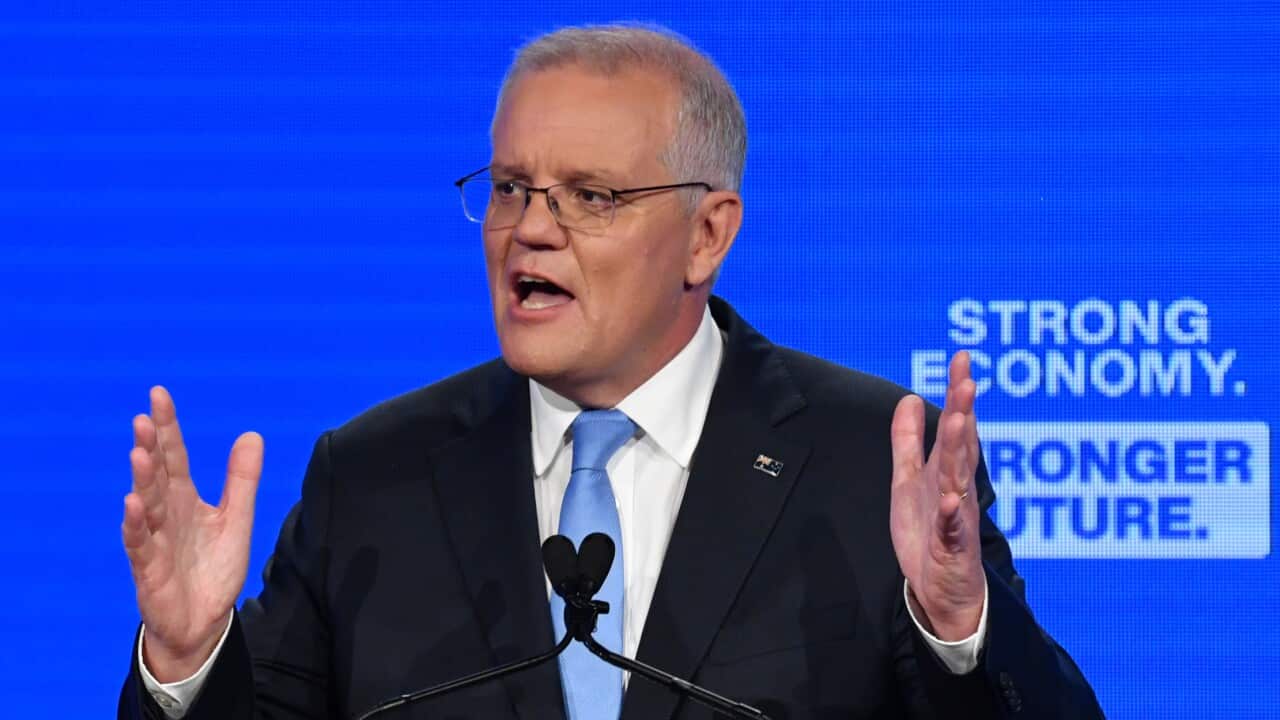 Prime Minister Scott Morrison at the Liberal Party campaign launch on Day 35 of the 2022 federal election campaign, at the Brisbane Convention Centre in Brisbane. Sunday, May 15, 2022. (AAP Image/Mick Tsikas) NO ARCHIVING