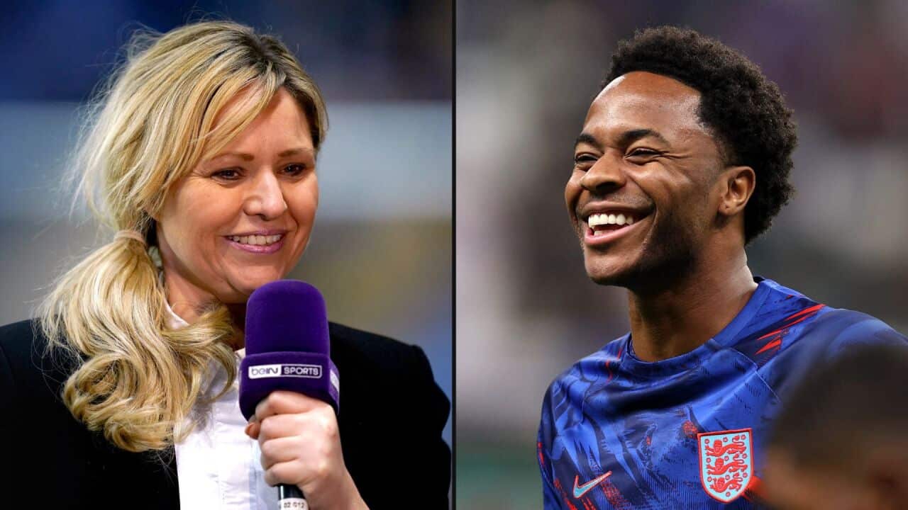 Composite image of sports reporter Carrie Brown and footballer Raheem Sterling.