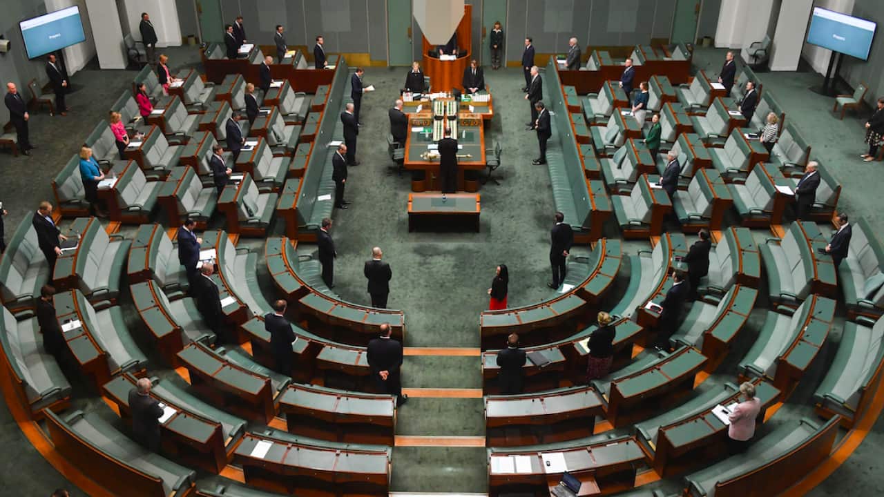 Parliamentary sitting under rules of social distancing in the House of Representatives at Parliament House in Canberra in April 2020.