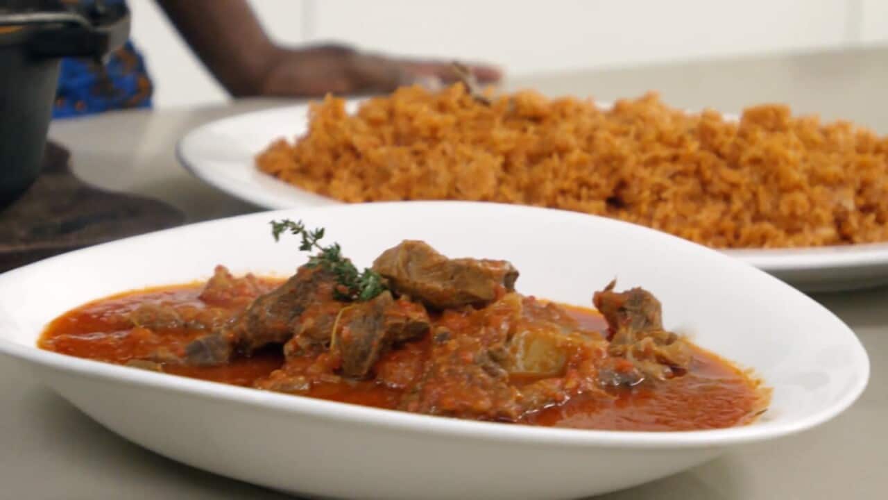 African oxtail stew and jollof rice