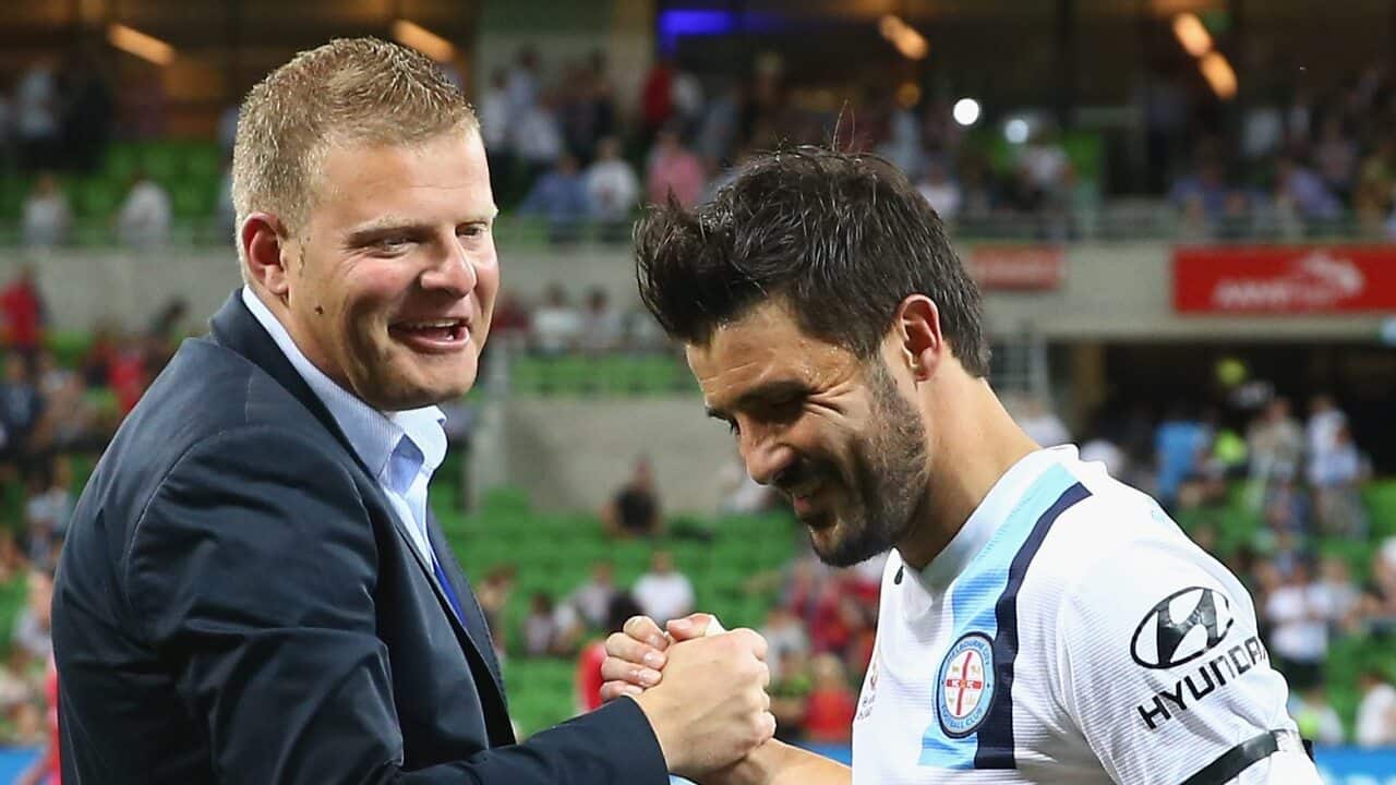 Josep Gombau with David Villa in 2014 after an A-League match