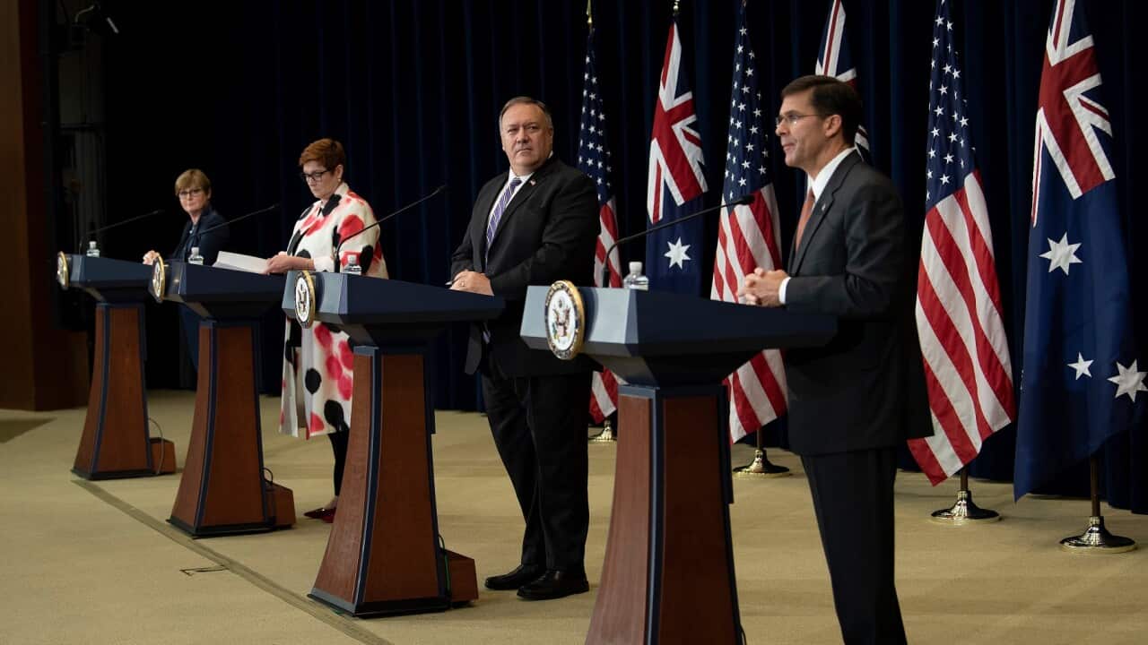 Linda Reynolds, Marise Payne, Mike Pompeo and Mark Esper in Washington DC