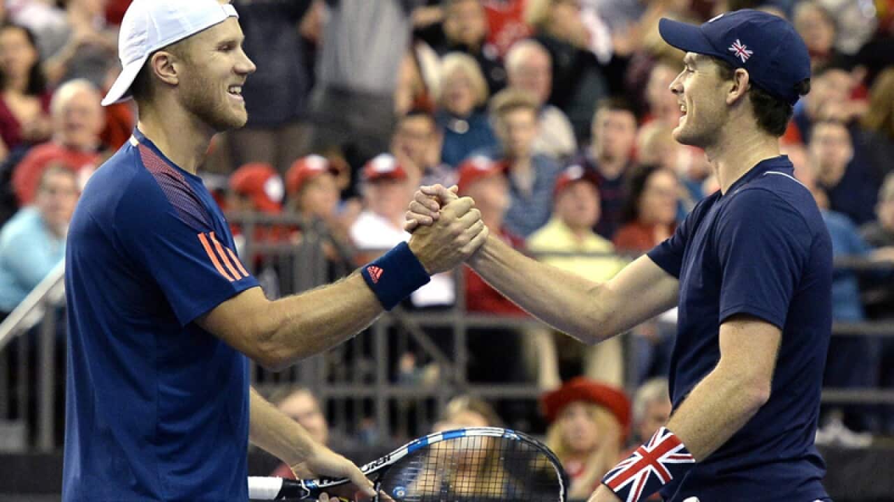 Britain's Dominic Inglot, left, and Jamie Murray celebrate their win