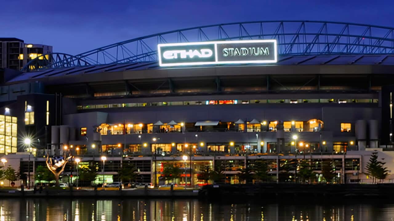An exterior view of Etihad Stadium and the Docklands Precinct