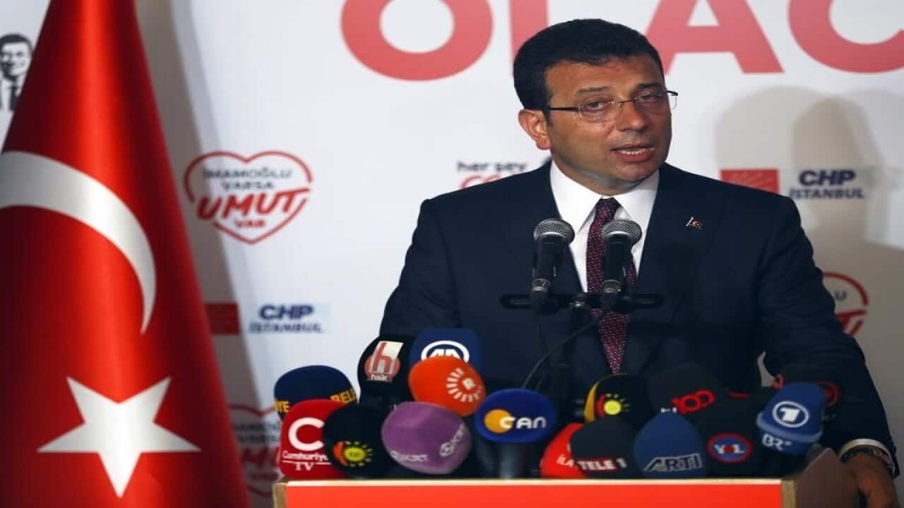 The Republican People's Party Ekrem Imamoglu addresses the crowd