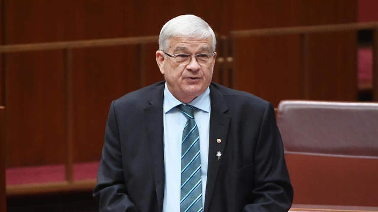 One Nation Senator Brian Burston makes his maiden speech in the Senate at Parliament House in Canberra, Tuesday, Oct. 11, 2016. (AAP Image/Mick Tsikas) NO ARCHIVING