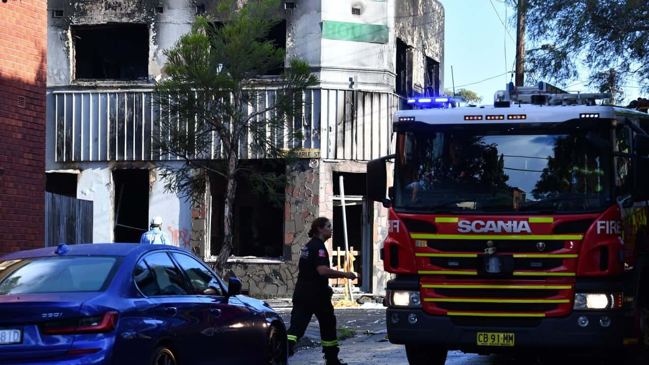 NSW Fire and Rescue officers at the scene of building fire in Newtown, Sydney, Tuesday, March 15, 2022.