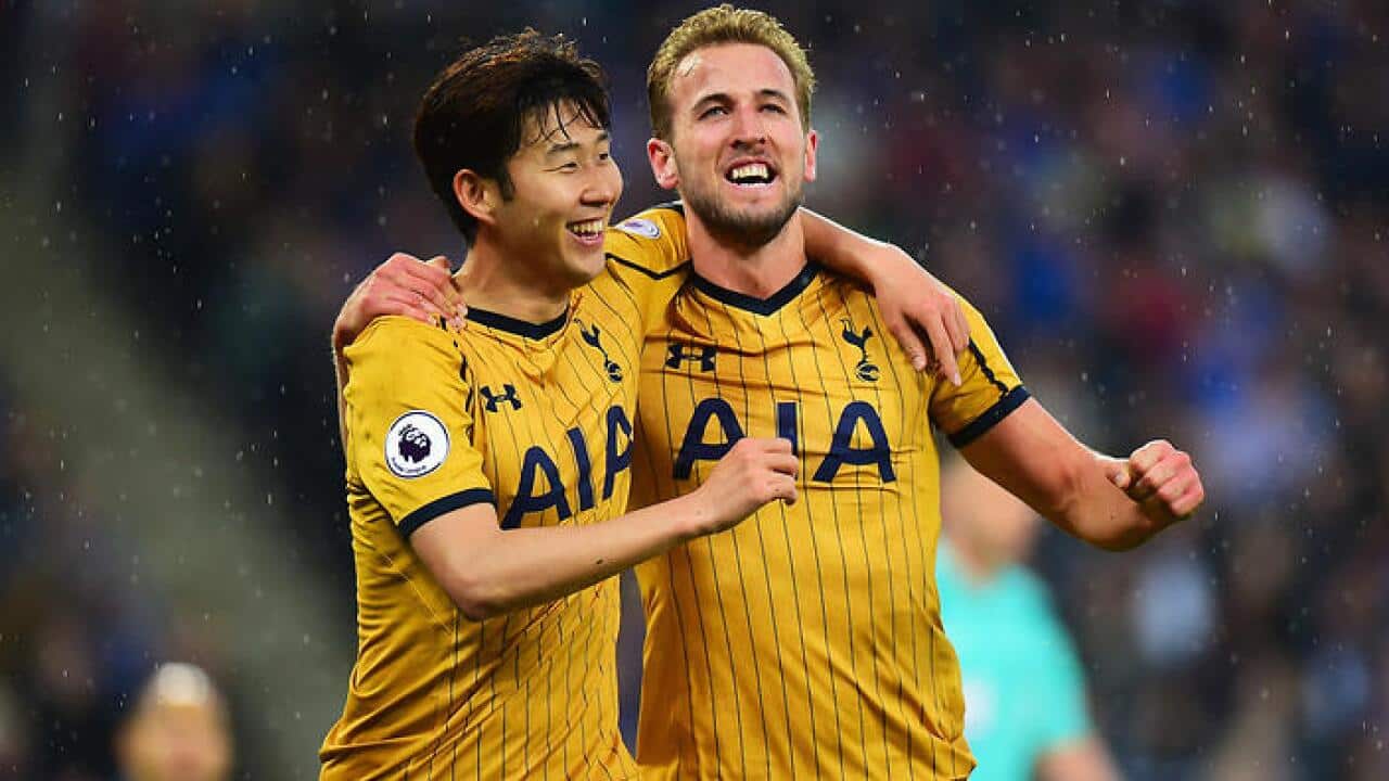 Harry Kane, right, celebrates with Son Heung-min after netting Tottenham's opener