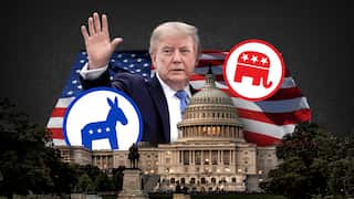 A composite of Trump, the Capitol and the two US party emblems