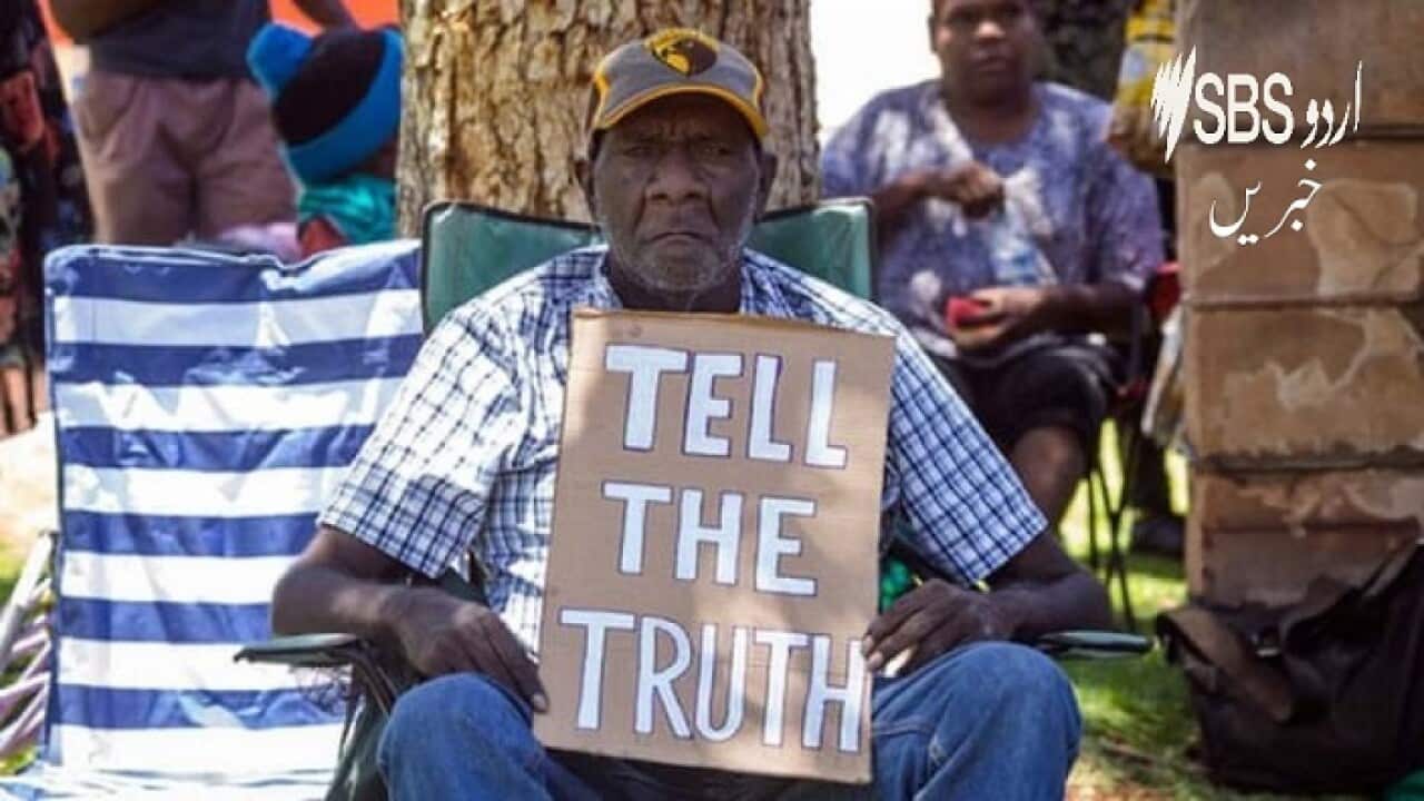 Quentin Walker, whose grandson Kumanjayi Walker was killed on Saturday, protesting on Tuesday in Alice Springs. Image: Guardian Australia Rhett Hammmerton