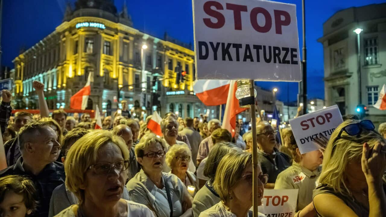 Protester calling for Free Courts at the Lithuanian Square in Lublin in Poland