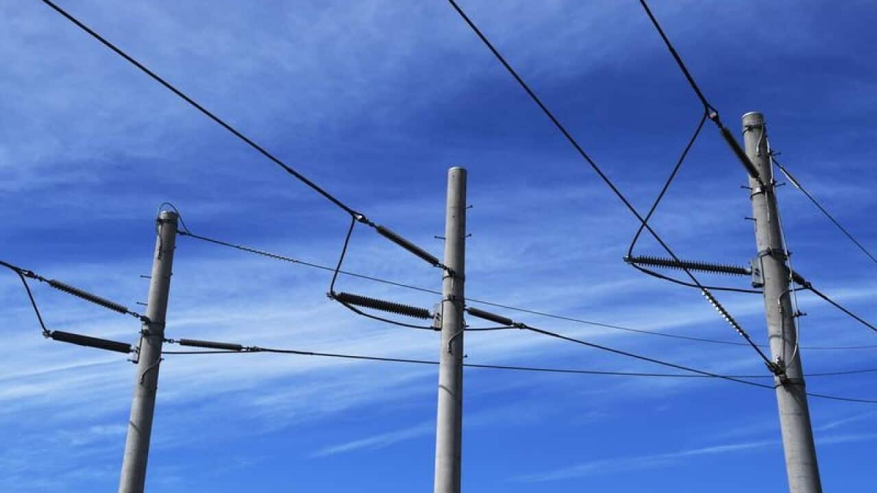 A stock image of new electricity power poles
