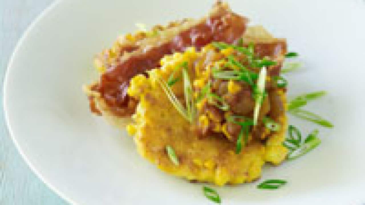Corn cakes with chargrilled corn and tomato chutney