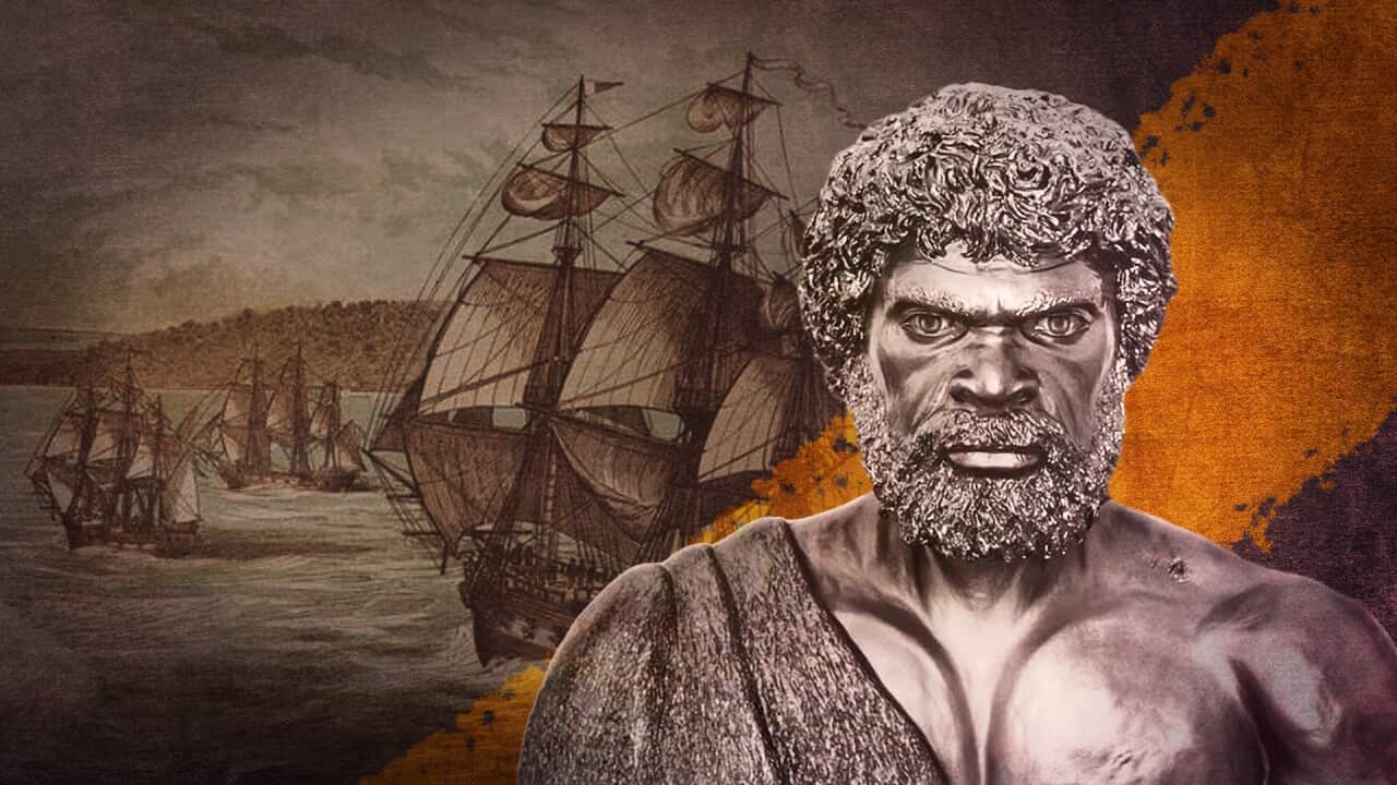 Pemulwuy bust superimposed on drawing of First Fleet arriving to sydney harbour