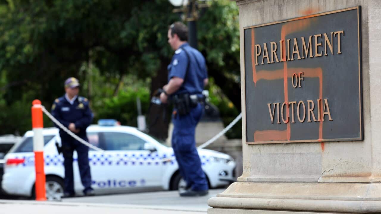 Nazi style graffiti sprayed on the front of the Victorian State Parliament overnight