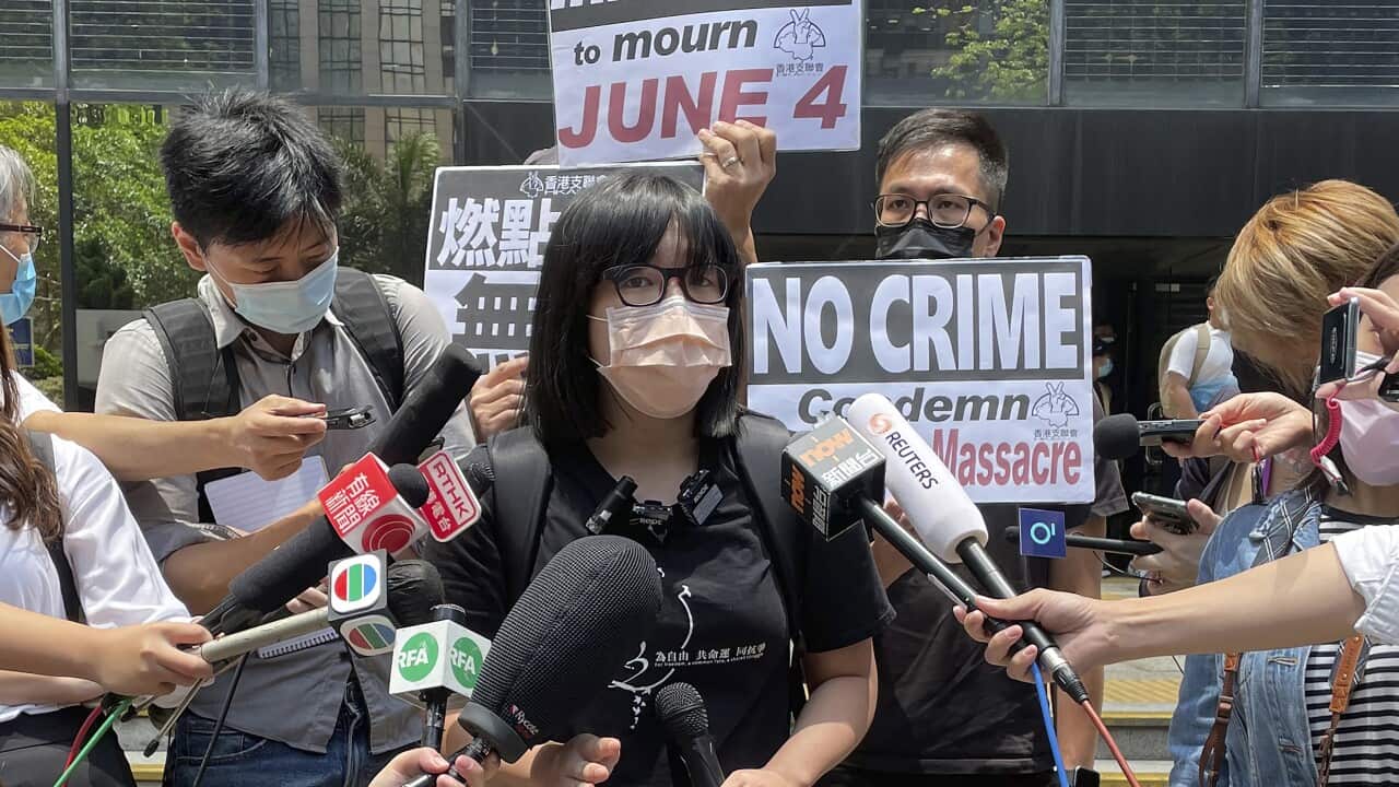 A file photo of Chow Hang Tung outside a court in Hong Kong, Thursday, 6 May, 2021.