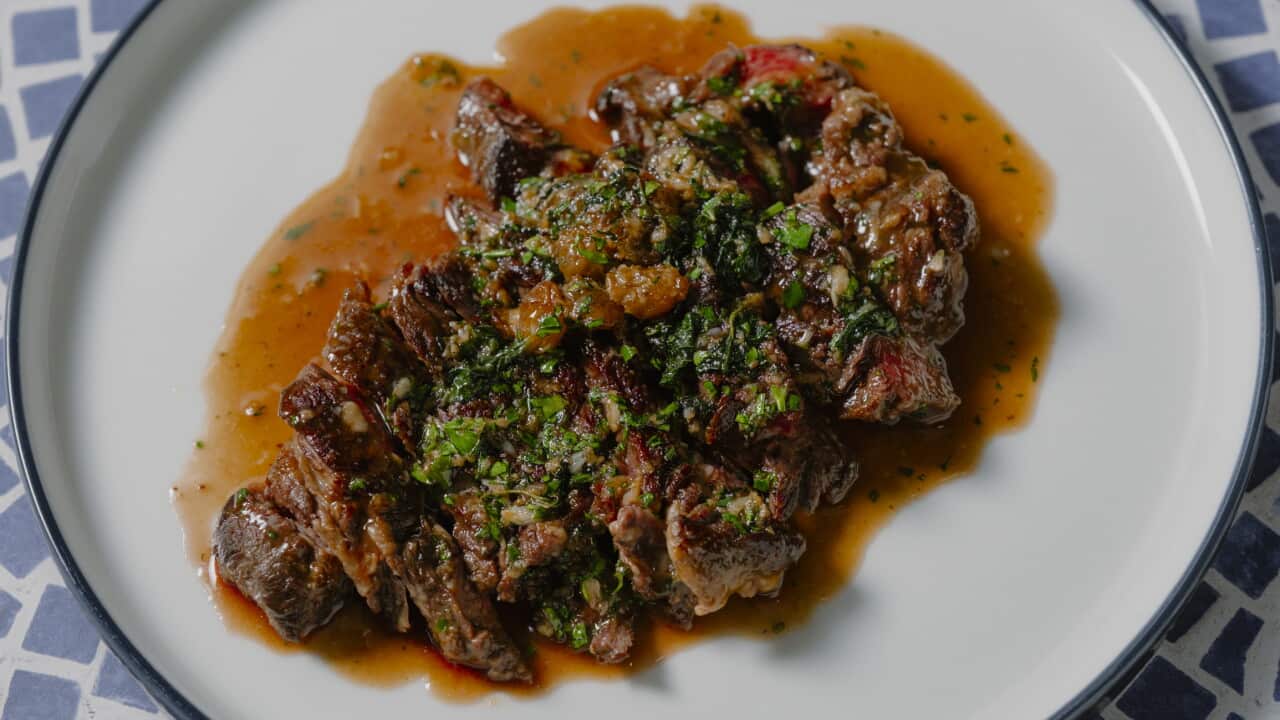 Beef with anchovy, garlic veal jus