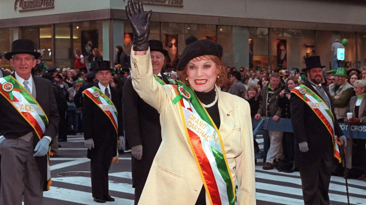 St Patrick's Day Parade Grand Marshal Maureen O'Hara waves to the people lined up along Fifth Avenue at the annual St. Patrick's Day Parade in New York