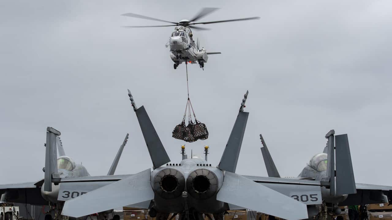 Super Puma (EC-225) helicopter, attached to the Lewis and Clark-class dry cargo and ammunition ship USNS Amelia Earhart operating in the Persian Gulf.