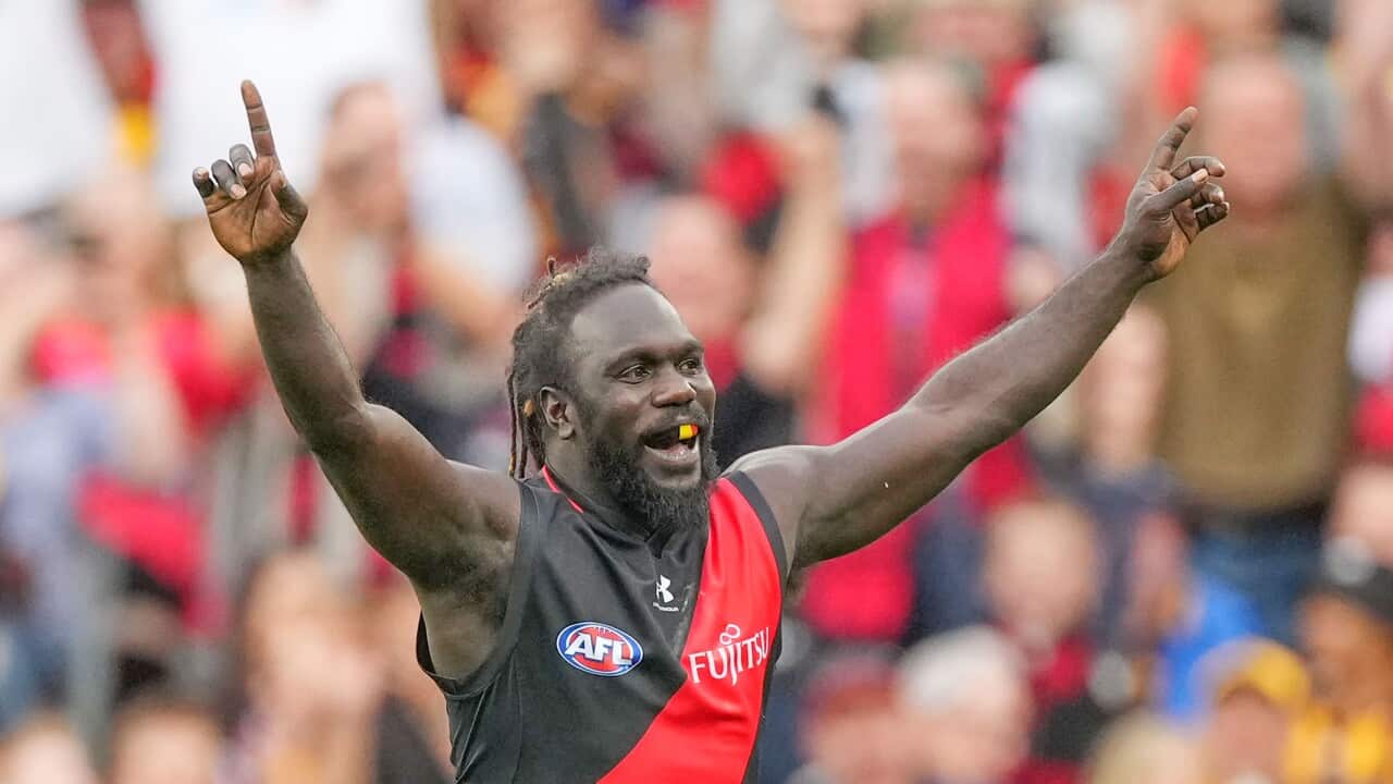 Wearing the black and red jersey of the HAWKS BOMBERS, Anthony raises his arms in celebration, a broad smile revealing a mouth guard in the Aboriginal flag colours