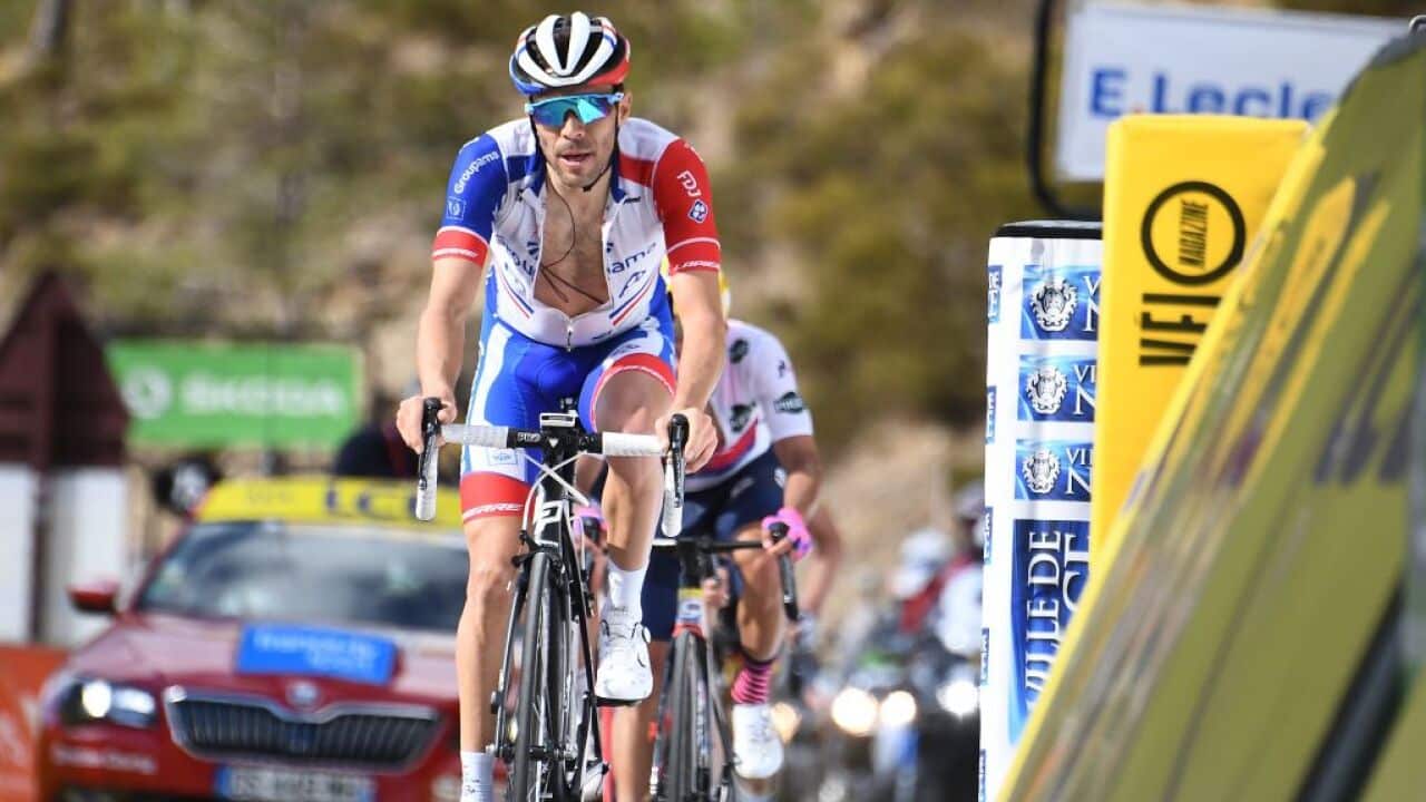 Thibaut Pinot in action at Paris Nice 2020. Pinot's father has tested positive for the coronavirus