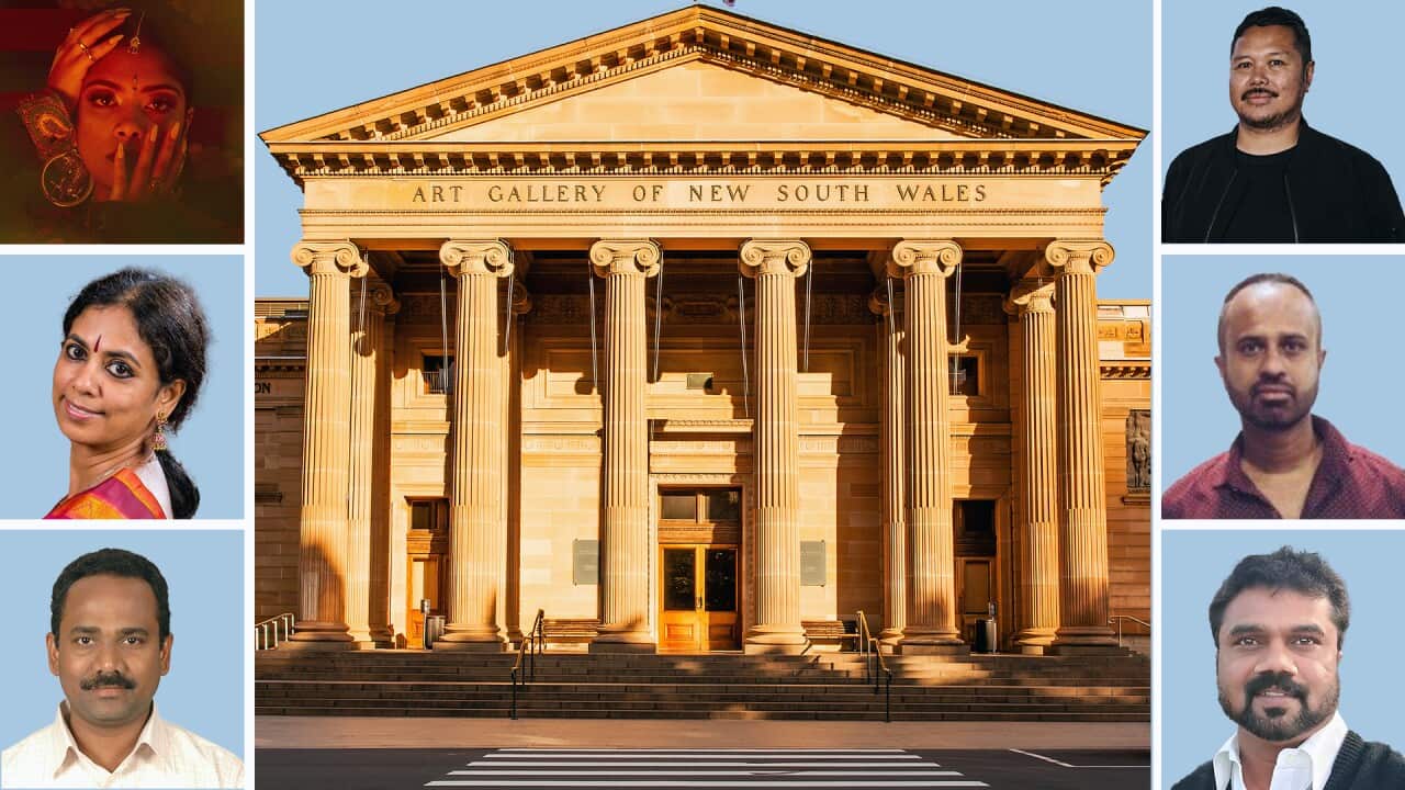 Art Gallery NSW; Clockwise from Top Right - Art Gallery’s head of learning and participation Paschal Daantos Berry, Event co-producer Jiva Parthipan from STARTTS, Lawrence Annadurai and Mutharasu Kochadai from Australian Tamil Arts, Hamsa Venkat of Samskriti School of Dance, and poet Srisha Sritharan