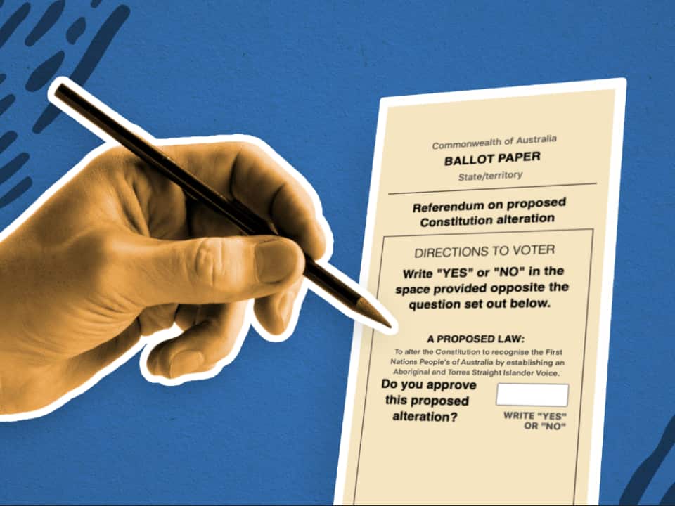 A close-up graphic of a hand holding a pen hovering over a ballot paper.