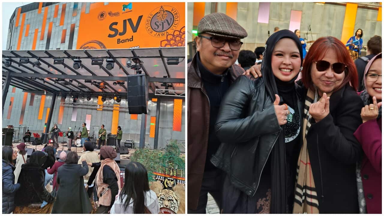 Image 1: Vocalist Jessie Paath (with black headscarf) with SJV band playing at PERWIRA’s Satay & Reog Festival at Federation Square, Melbourne – 23 May 2026. Photo courtesy: Anis Armanto.
Image 2: Vocalist Jessie Paath ( second from the left) posing with some of her fans after performing at PERWIRA’s Satay & Reog Festival at Federation Square, Melbourne – 23 May 2026. Photo courtesy: SPD.