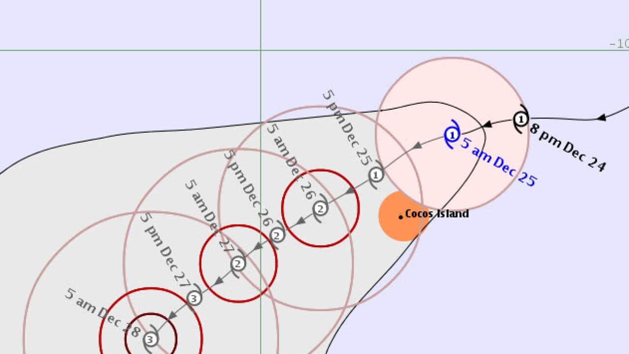 Tropical Cyclone Kate to move north of the Cocos Keeling Islands during Christmas Day. (Bureau of Meteorology)