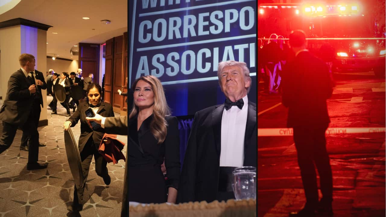 Composite image showing security evacuating Trump dinner, Trump at event, and police responding to shooting outside