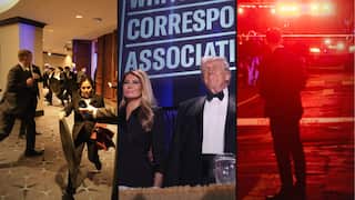 Composite image showing security evacuating Trump dinner, Trump at event, and police responding to shooting outside