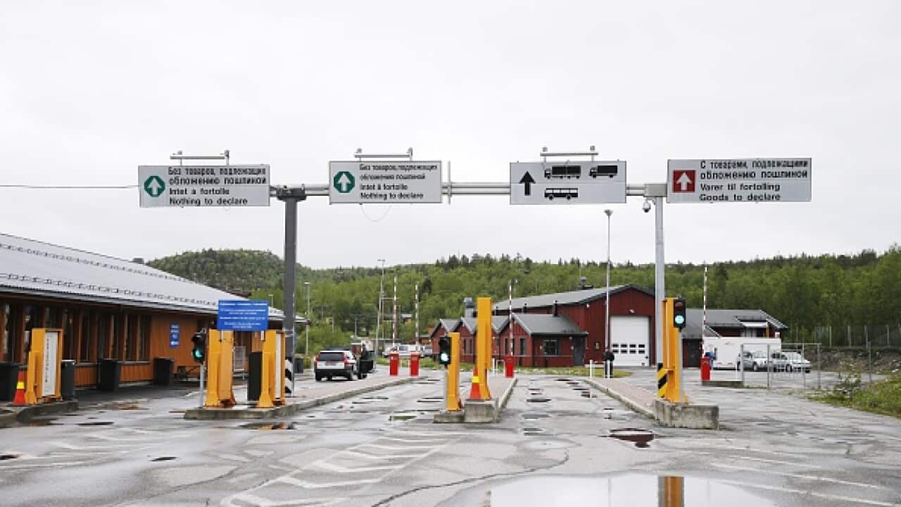 Storskog Boris Gleb border crossing between Norway and Russia near the Norwegian town of Kirkenes in the far north of the country. A group of intrepid Syrian migrants have found a new, albeit long, way into Europe -- through Russia and into Norway's Arct