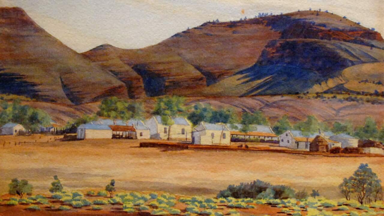 Photo of Albert Namatjira's first painting is displayed at a Sotheby's preview in Sydney.