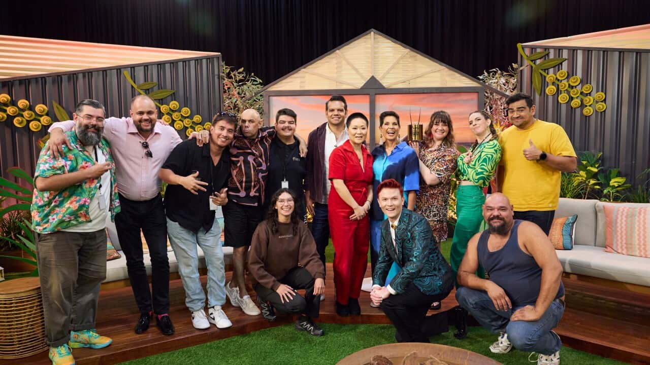 Big Backyard Quiz Hosts and Guests on film set
