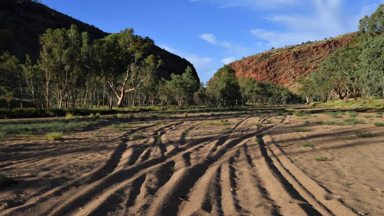 The dry riverbed of the Todd River is seen in Alice Springs, Monday, January 15, 2018. Alice Springs is situated in the Northern Territory approximately 2,018 kilometres from Sydney with a population at the time of the 2016 Census of 24753 people.