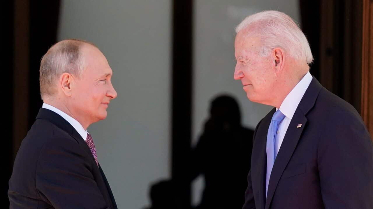 Joe Biden (R) and Vladimir Putin (L) meet at the 'Villa la Grange' on June 16, 2021, in Geneva, Switzerland.